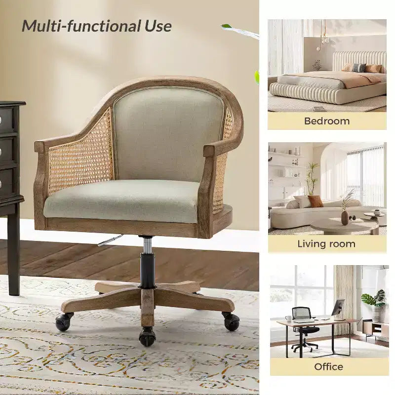 Chaise de bureau pivotante à bras en rotin