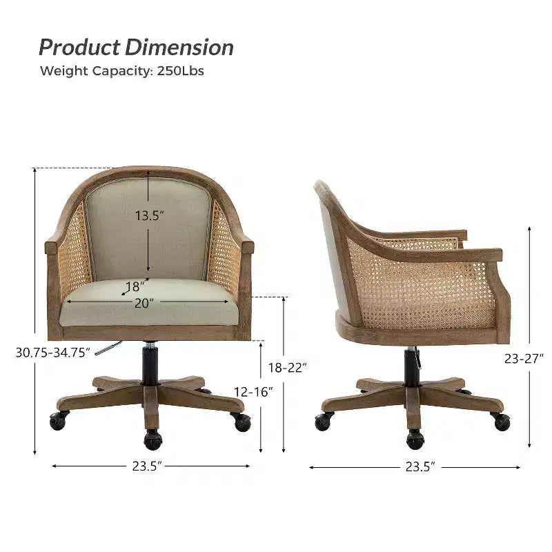 Chaise de bureau pivotante à bras en rotin
