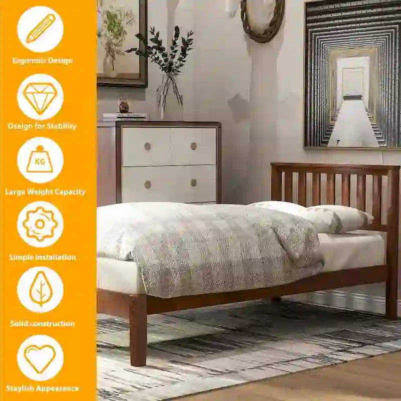 Wood Platform Bed With Headboard/Wood Slat Support.Twin (Walnut)