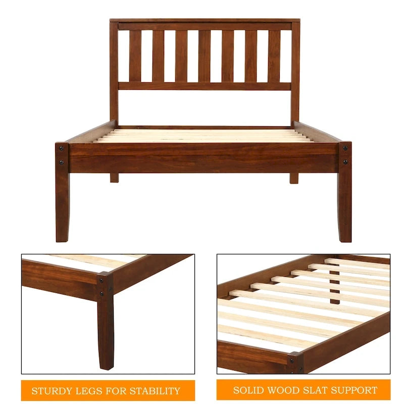 Wood Platform Bed With Headboard/Wood Slat Support.Twin (Walnut)
