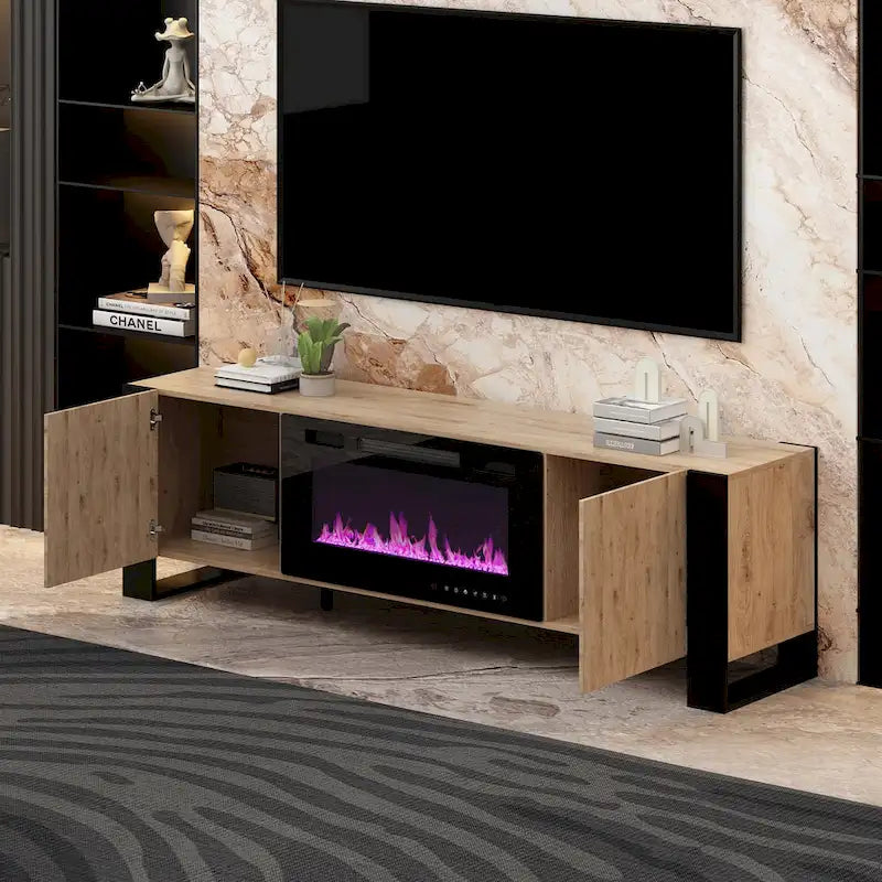 Wood Grain TV Stand with Optional Electric Fireplace: Cable Management