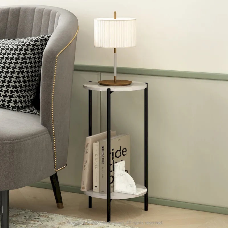Furinno Besi 2-Tier Modern Tall Round Side End Table with Sturdy Metal Legs, Americano