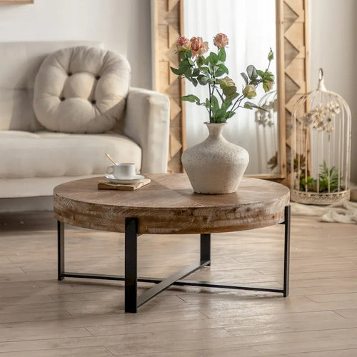 31.29Modern Retro Splicing Round Coffee Table , Fir Wood Table Top with Cross Legs Metal Base
