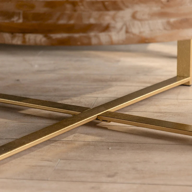31.29Modern Retro Splicing Round Coffee Table , Fir Wood Table Top with Cross Legs Metal Base