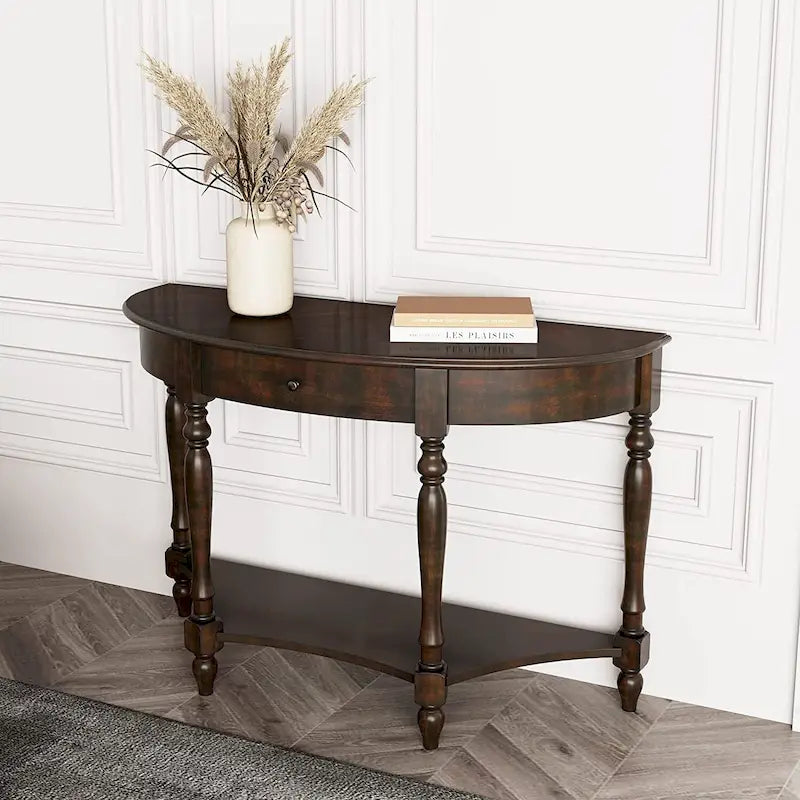 Solid Wood Oval End Table Sofa Table with Drawer and Storage Shelf