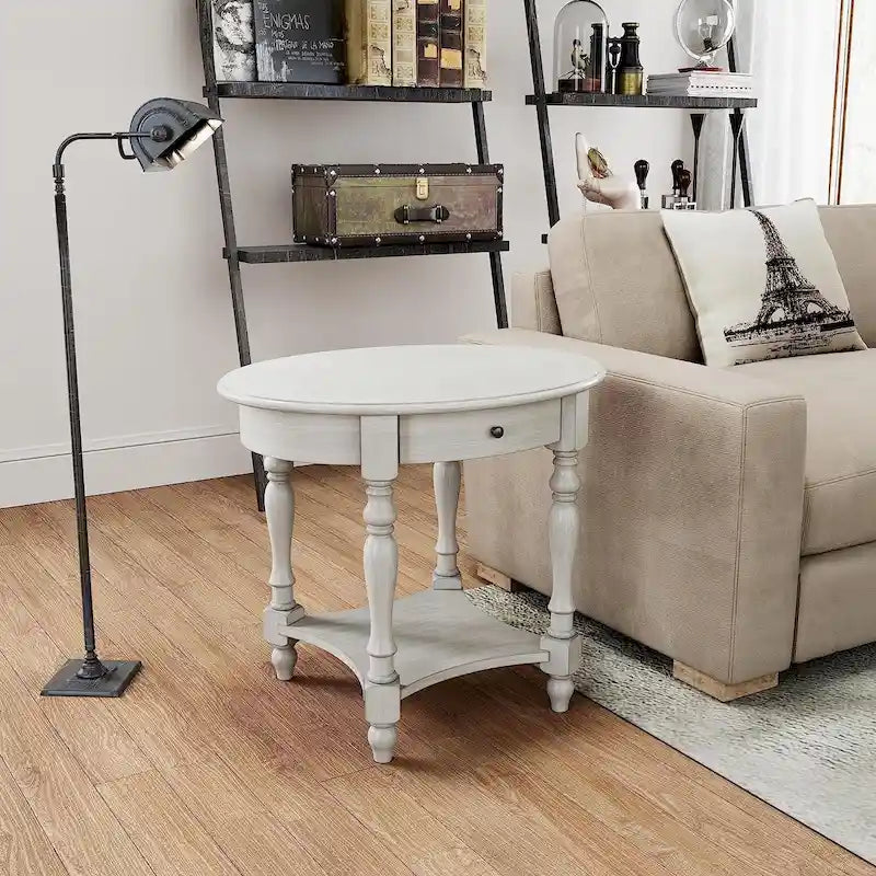 Solid Wood Oval End Table Sofa Table with Drawer and Storage Shelf