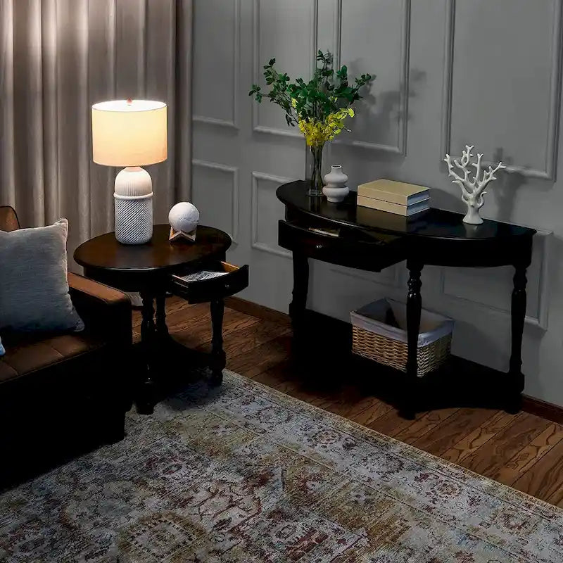 Solid Wood Oval End Table Sofa Table with Drawer and Storage Shelf