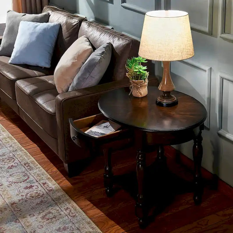 Solid Wood Oval End Table Sofa Table with Drawer and Storage Shelf