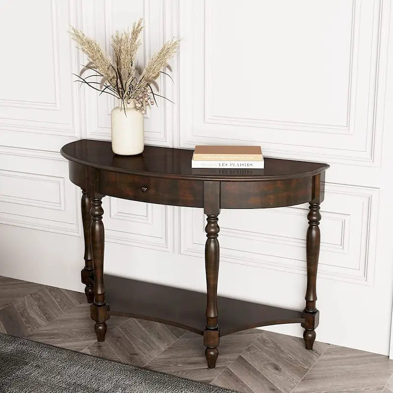 Solid Wood Oval End Table Sofa Table with Drawer and Storage Shelf