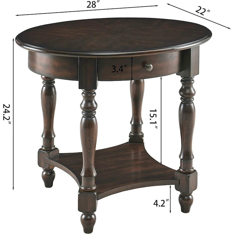 Solid Wood Oval End Table Sofa Table with Drawer and Storage Shelf