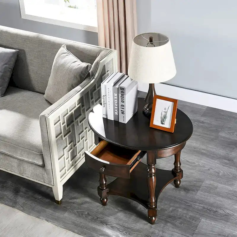 Solid Wood Oval End Table Sofa Table with Drawer and Storage Shelf