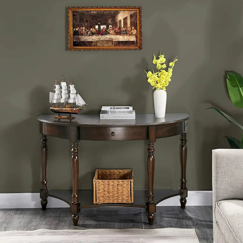Solid Wood Oval End Table Sofa Table with Drawer and Storage Shelf