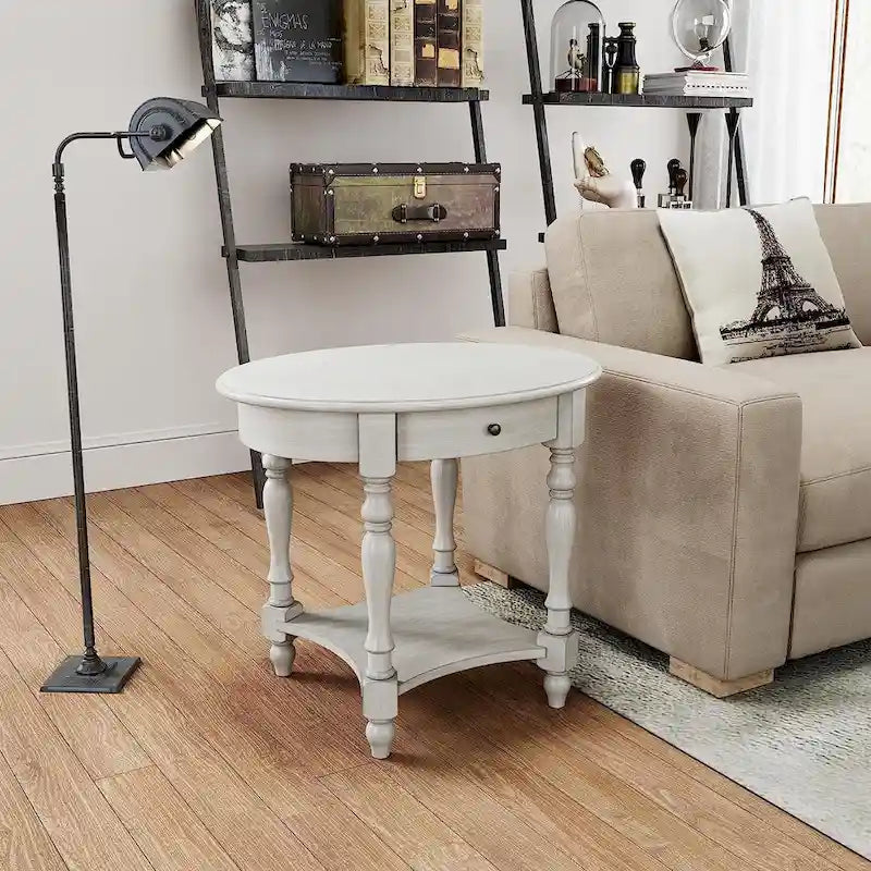 Solid Wood Oval End Table Sofa Table with Drawer and Storage Shelf