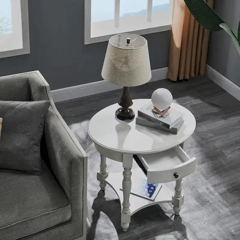 Solid Wood Oval End Table Sofa Table with Drawer and Storage Shelf