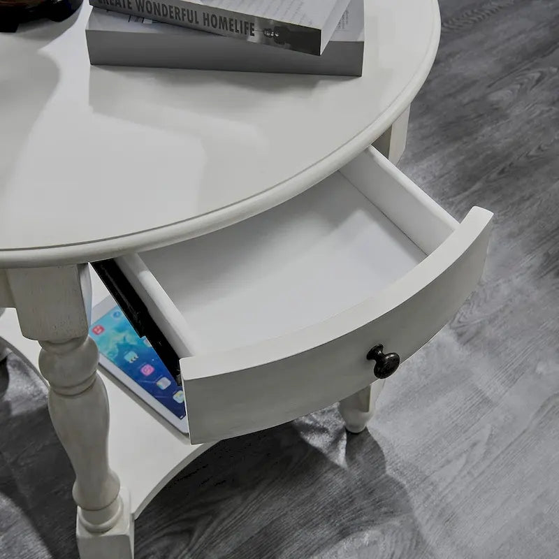 Solid Wood Oval End Table Sofa Table with Drawer and Storage Shelf