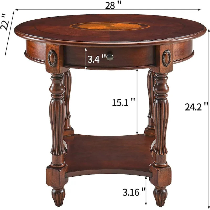Solid Wood Oval End Table Sofa Table with Drawer and Storage Shelf
