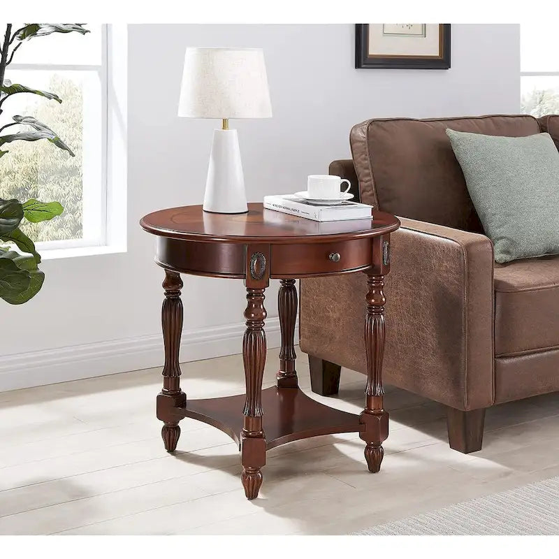 Solid Wood Oval End Table Sofa Table with Drawer and Storage Shelf