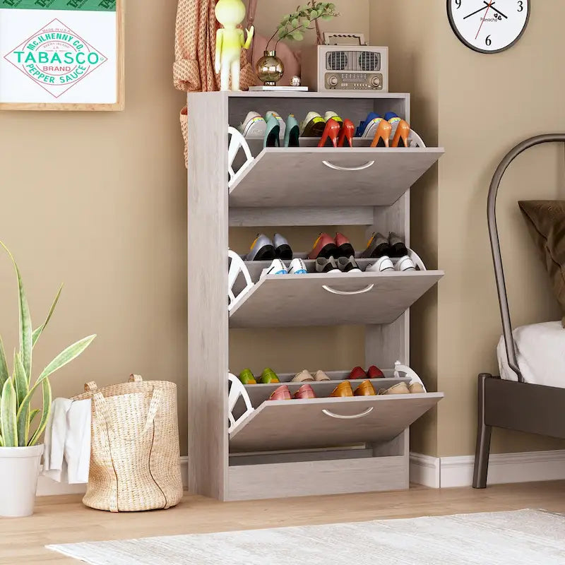 Timechee Grey Entryway Shoe Spcase Saving Cabinet with 3 Drawers