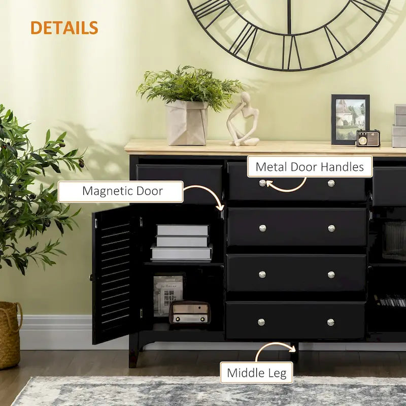 HOMCOM Modern Sideboard with Drawers, Buffet Cabinet with Storage Cabinets, Rubberwood Top and Adjustable Shelves, White