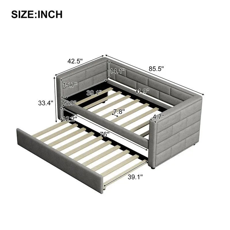 Twin Size Daybed with Trundle, Upholstered Daybed with Padded Back