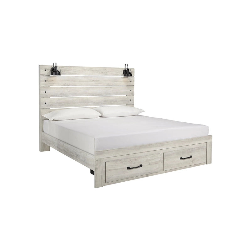 Cambeck Whitewashed Panel Bed w/ 2 Footboard Storage Drawers