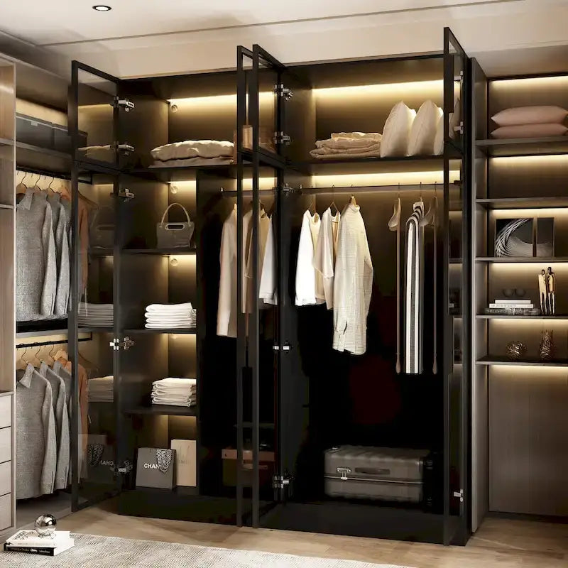 Elegant Black Wardrobe with LED Lighting and Tempered Glass Doors