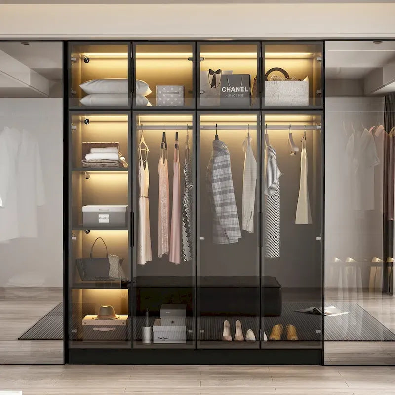 Elegant Black Wardrobe with LED Lighting and Tempered Glass Doors