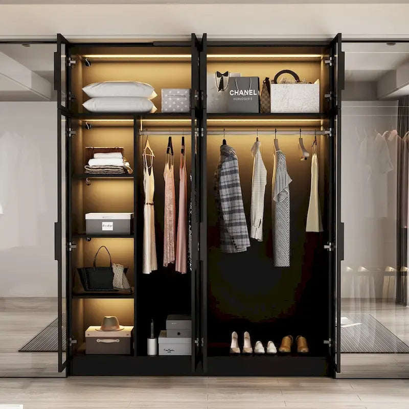 Elegant Black Wardrobe with LED Lighting and Tempered Glass Doors