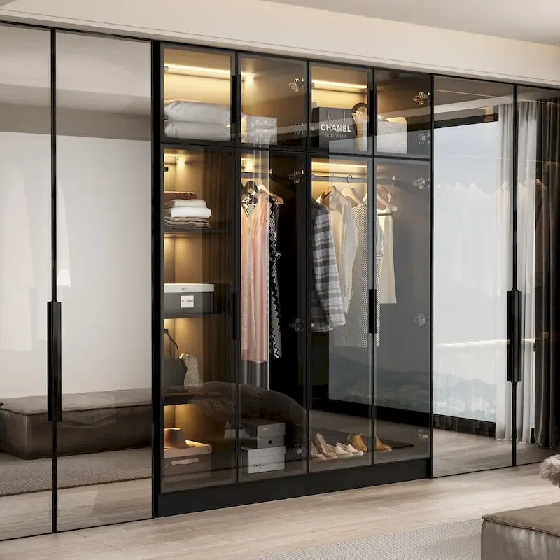 Elegant Black Wardrobe with LED Lighting and Tempered Glass Doors