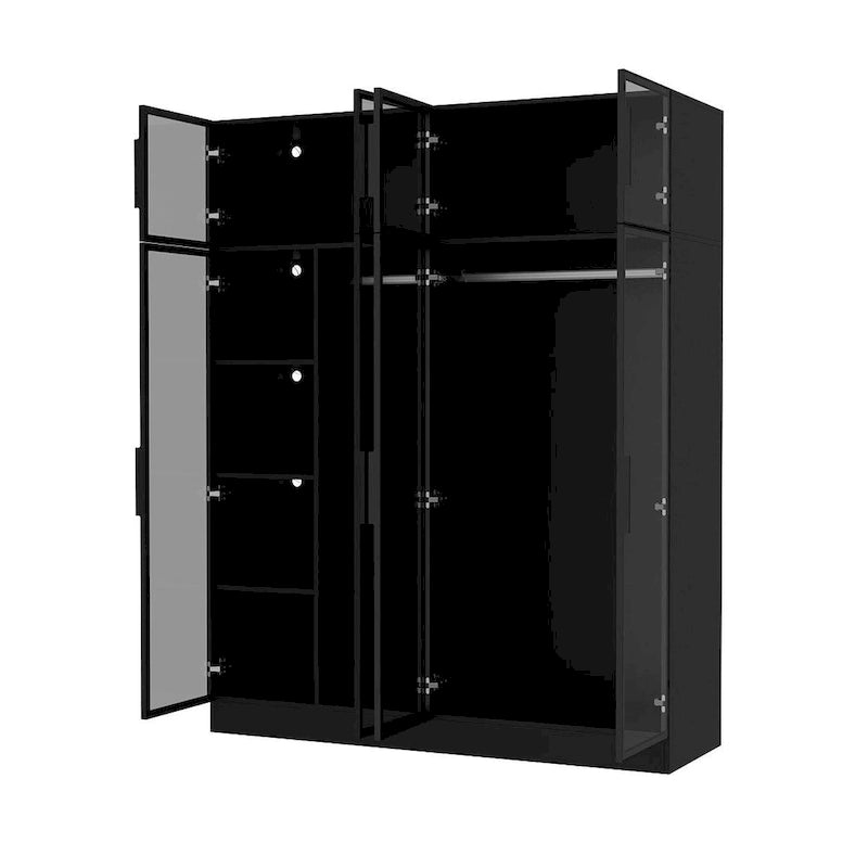 Elegant Black Wardrobe with LED Lighting and Tempered Glass Doors