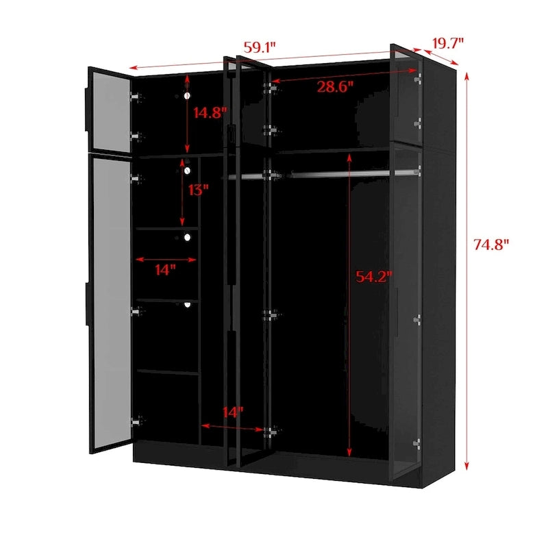 Elegant Black Wardrobe with LED Lighting and Tempered Glass Doors