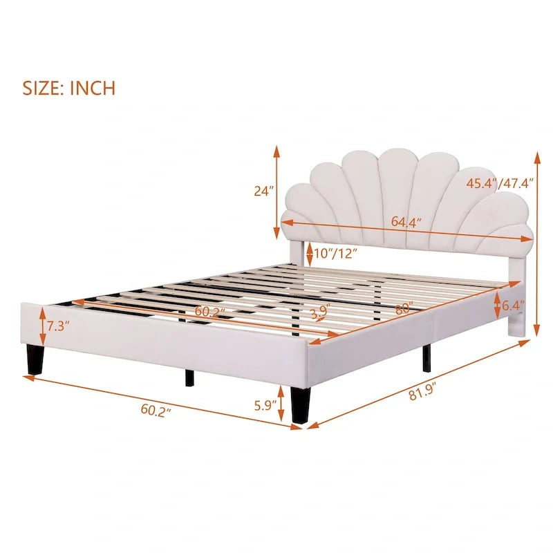 Velvet Upholstered Platform Bed with Flower Pattern Headboard