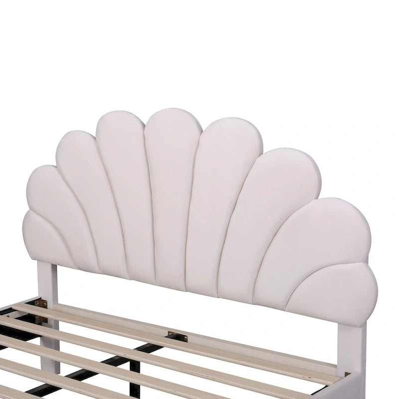 Velvet Upholstered Platform Bed with Flower Pattern Headboard