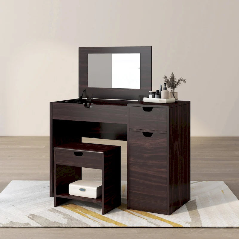 DH BASIC Modern Walnut 36 Storage Vanity and Stool Set by Denhour