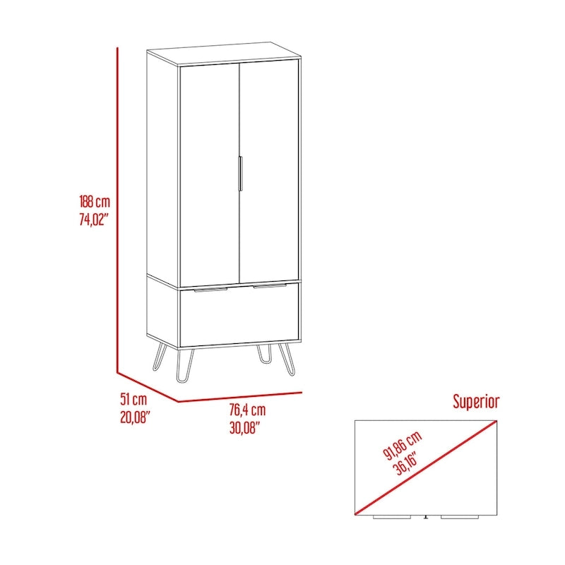 TUHOME Augusta Closet with Hanging Rod, Drawer, Hairpin Legs, and Double Door Cabinet - N/A