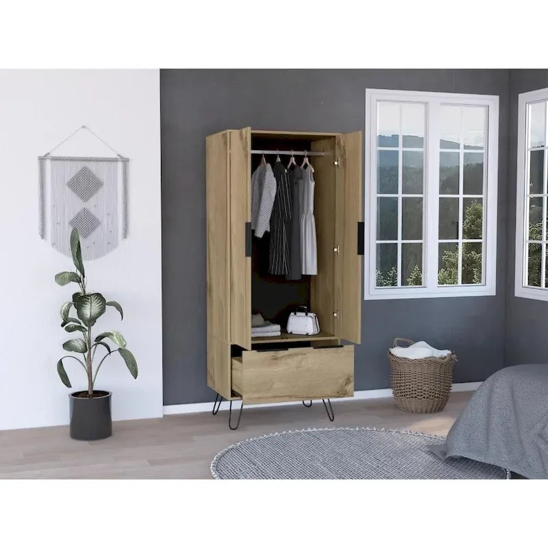 TUHOME Augusta Closet with Hanging Rod, Drawer, Hairpin Legs, and Double Door Cabinet - N/A