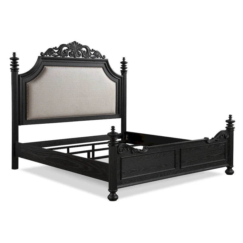 Aliana 3 Piece Black Modern Contemporary Solid Wood, Veneers Fabric Upholstered Bedroom Set