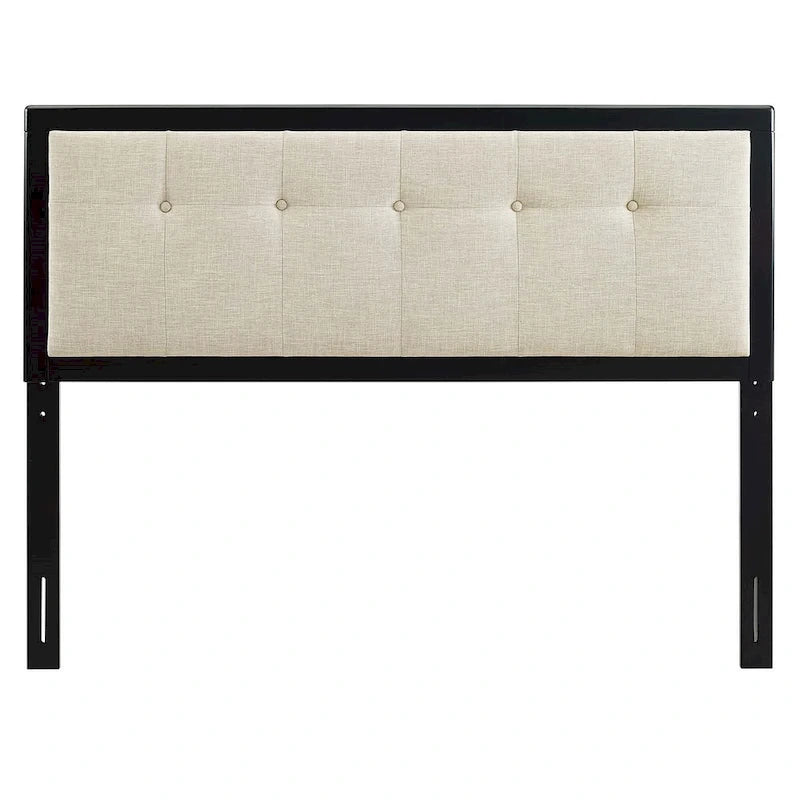 Marlin Traditional Beige Fabric Button Tufted King Size Black Wooden Headboard