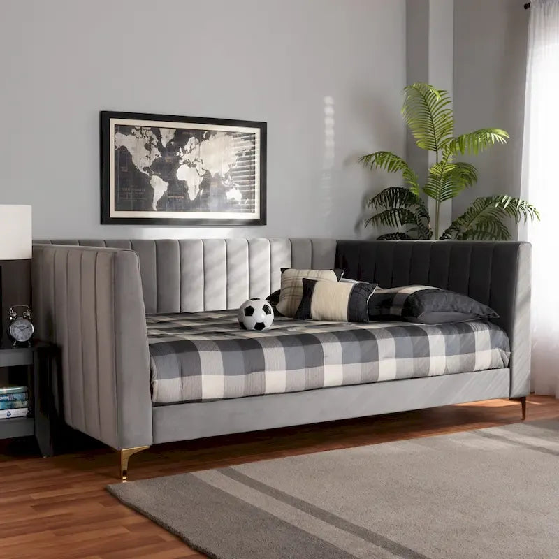 Oksana Light Grey Velvet with Goldtone Legs Daybed