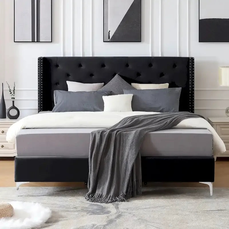 Morden Fort King Size Velvet Upholstered Platform Bed Frame with 6 inches Metal Legs