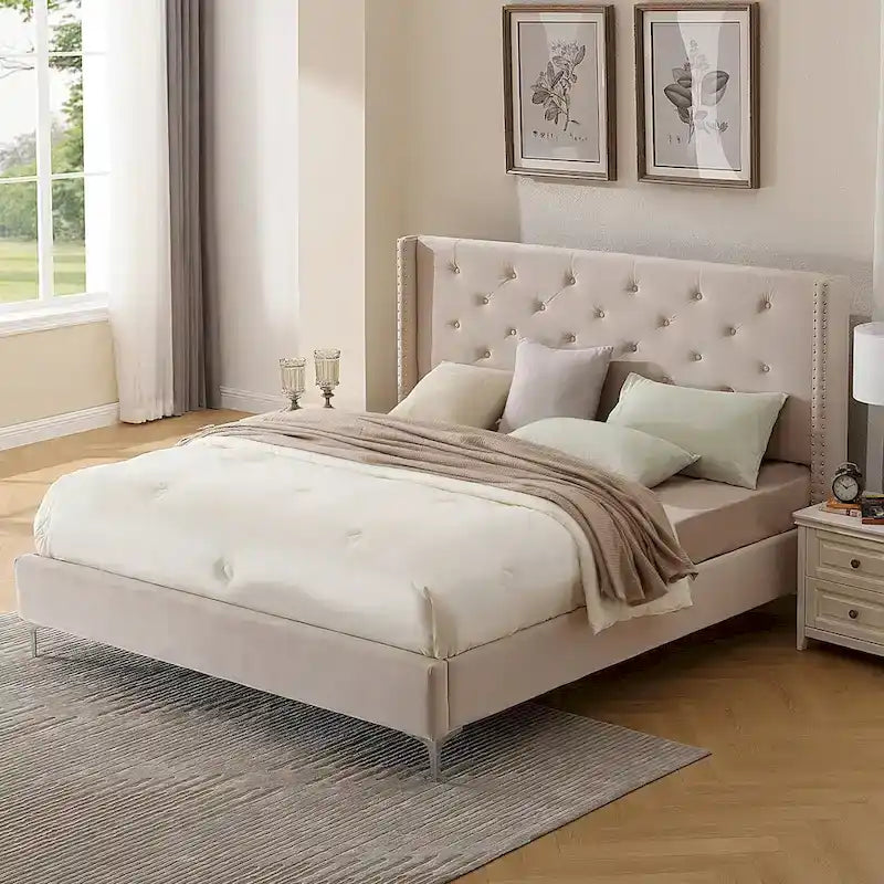 Morden Fort King Size Velvet Upholstered Platform Bed Frame with 6 inches Metal Legs