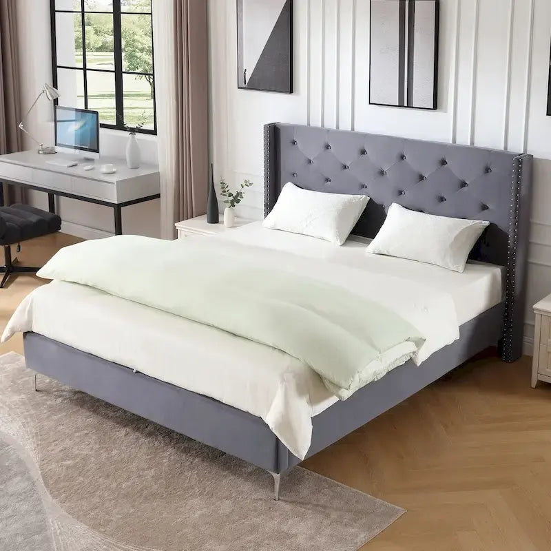Morden Fort King Size Velvet Upholstered Platform Bed Frame with 6 inches Metal Legs