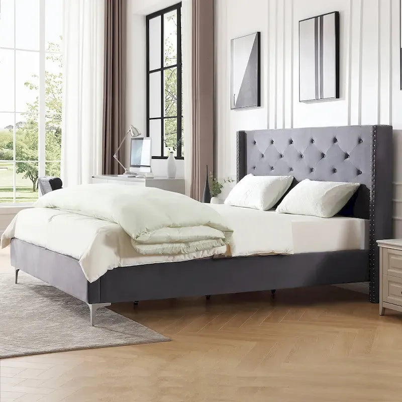 Morden Fort King Size Velvet Upholstered Platform Bed Frame with 6 inches Metal Legs