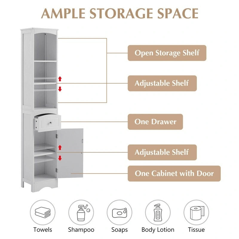 72 Bathroom Tall Cabinet with Drawer and 5 Adjustable Shelves