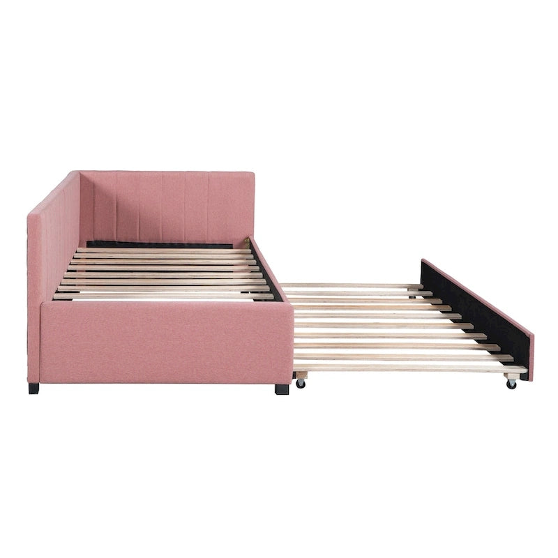 Upholstered Daybed with Trundle Twin Size Sofa Bed Frame No Box Spring Needed, Linen Fabric(Beige)