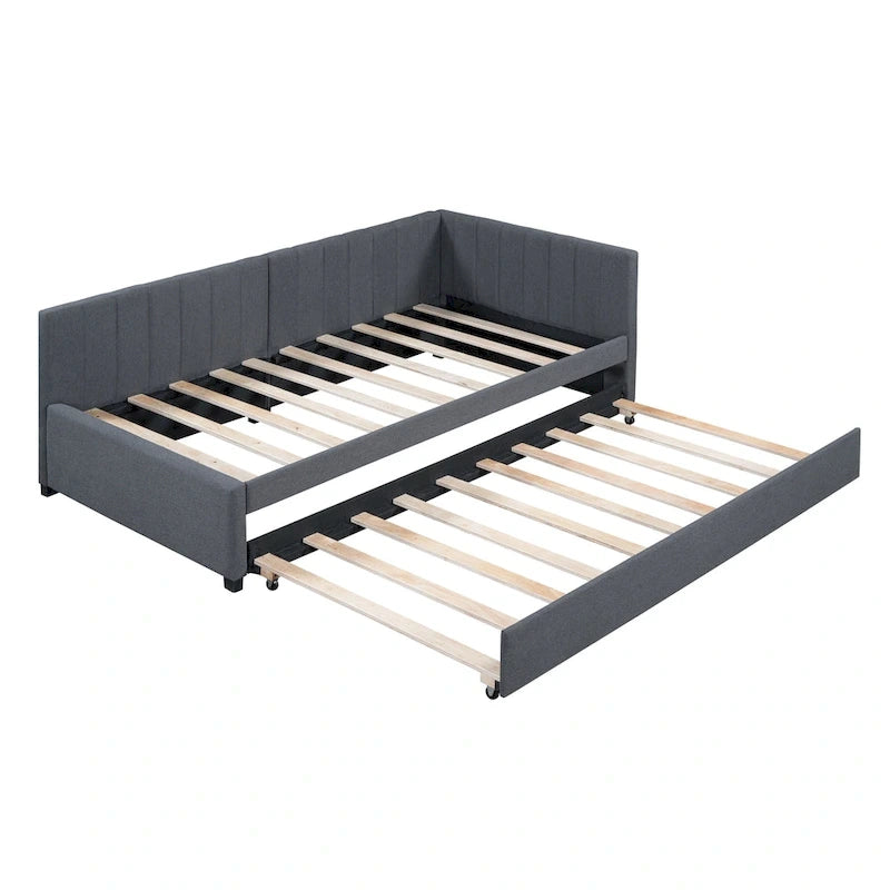 Upholstered Daybed with Trundle Twin Size Sofa Bed Frame No Box Spring Needed, Linen Fabric(Beige)