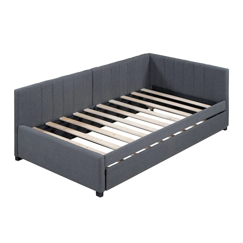 Upholstered Daybed with Trundle Twin Size Sofa Bed Frame No Box Spring Needed, Linen Fabric(Beige)