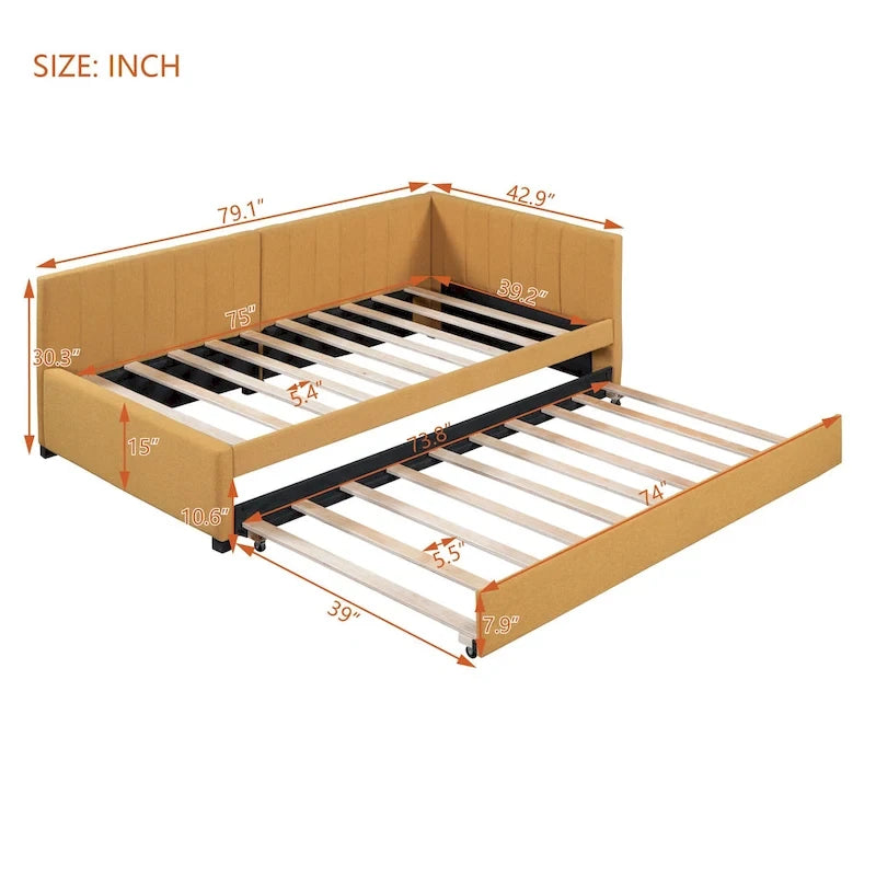 Upholstered Daybed with Trundle Twin Size Sofa Bed Frame No Box Spring Needed, Linen Fabric(Beige)
