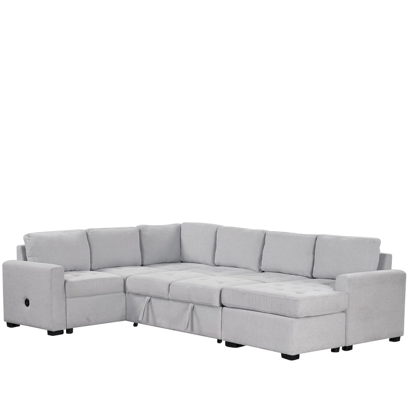 U_Style Sectional Sleeper Sofa with Pull-out Bed and Lounge Chair, USB and Type-C Interfaces, Suitable for Living Room, Office,