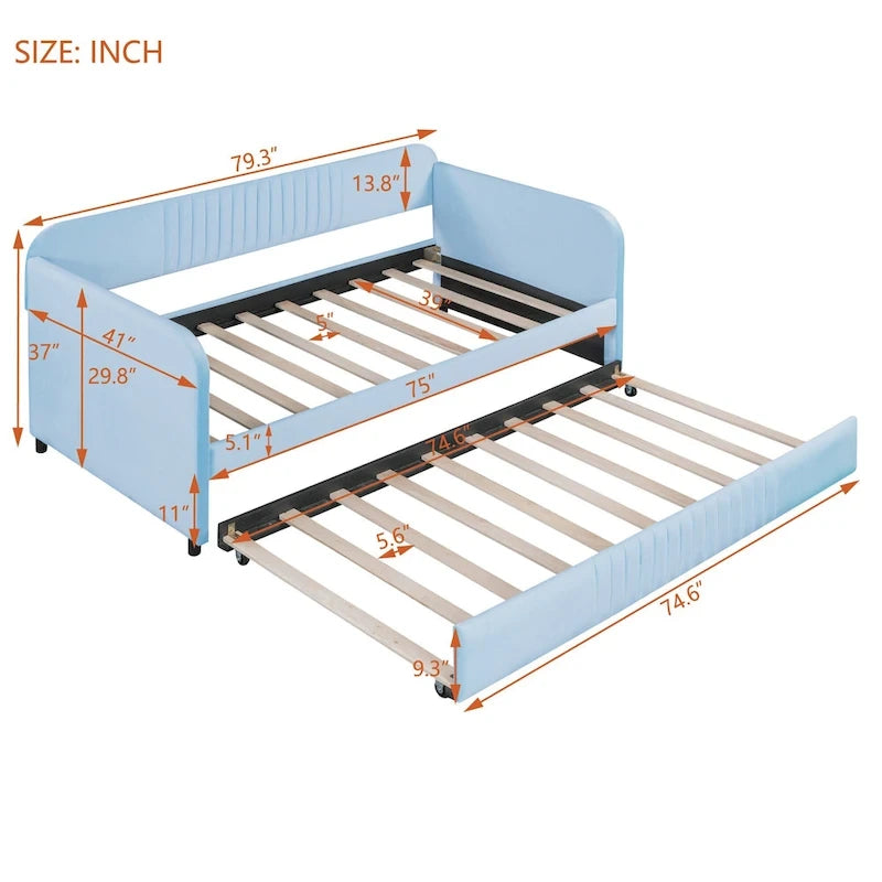 Upholstered Daybed Sofa Bed Twin Size With Trundle Bed and Wood Slat, Gray
